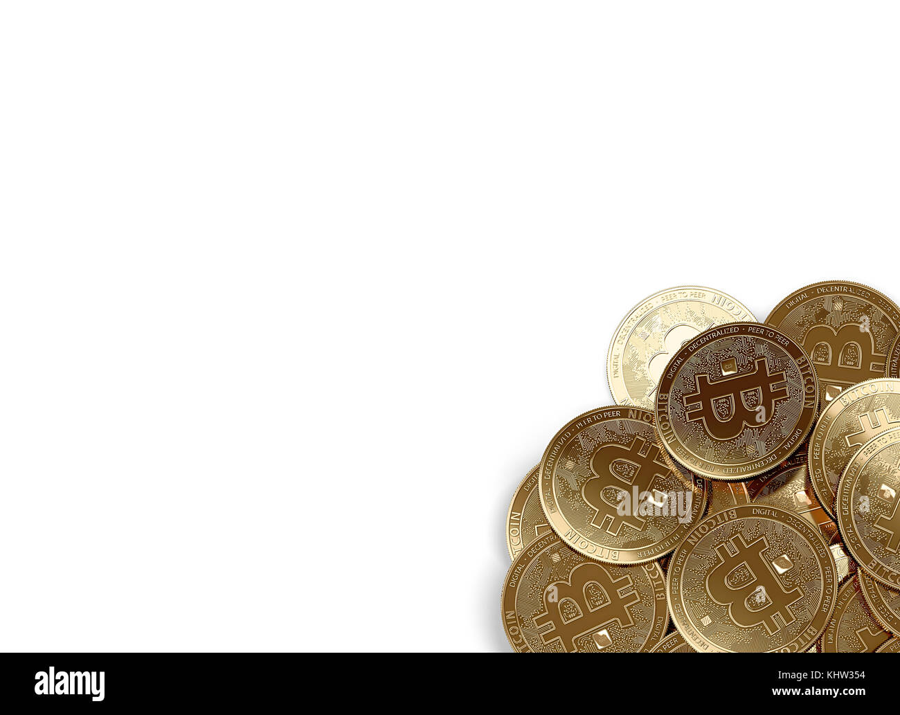 Stack of golden Bitcoins in bottom-right corner isolated on white and copy  space for your text. 3D rendering Stock Photo - Alamy