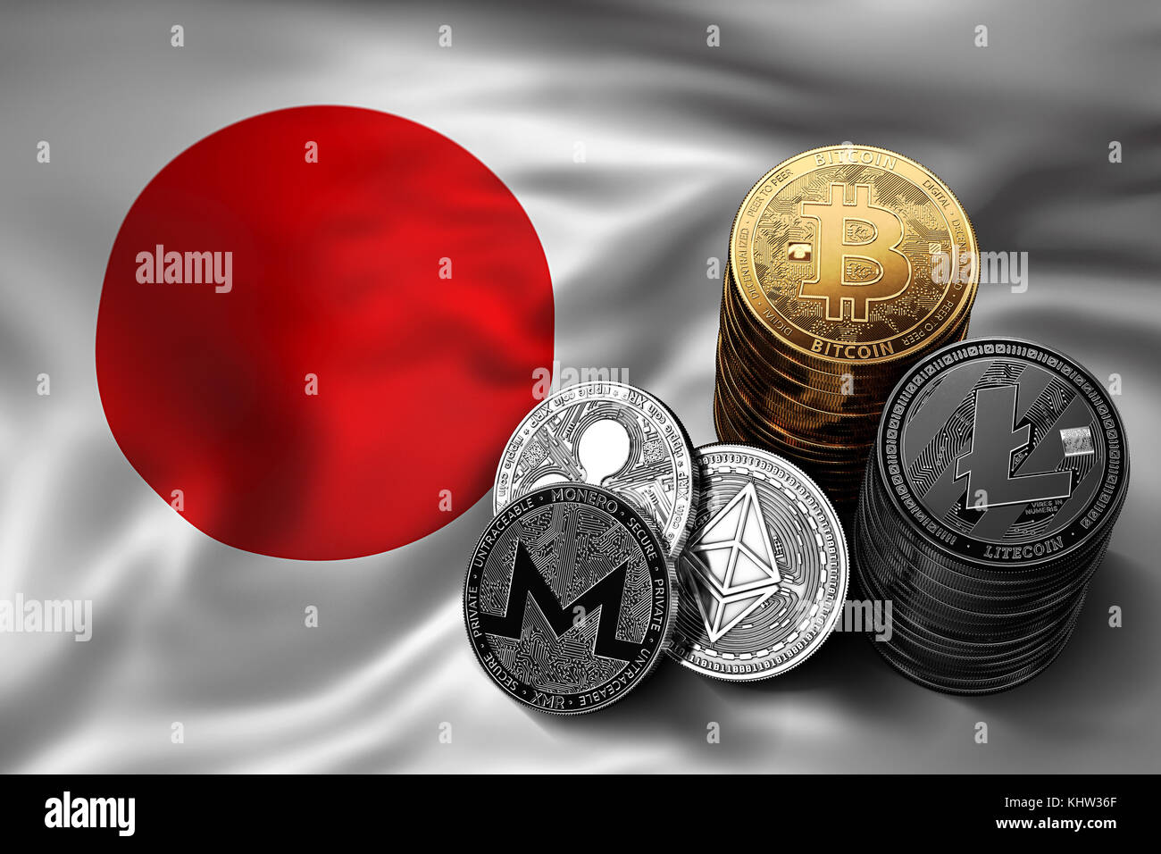Japan flag on a bitcoin cryptocurrency coin. 3D Rendering Stock Photo -  Alamy