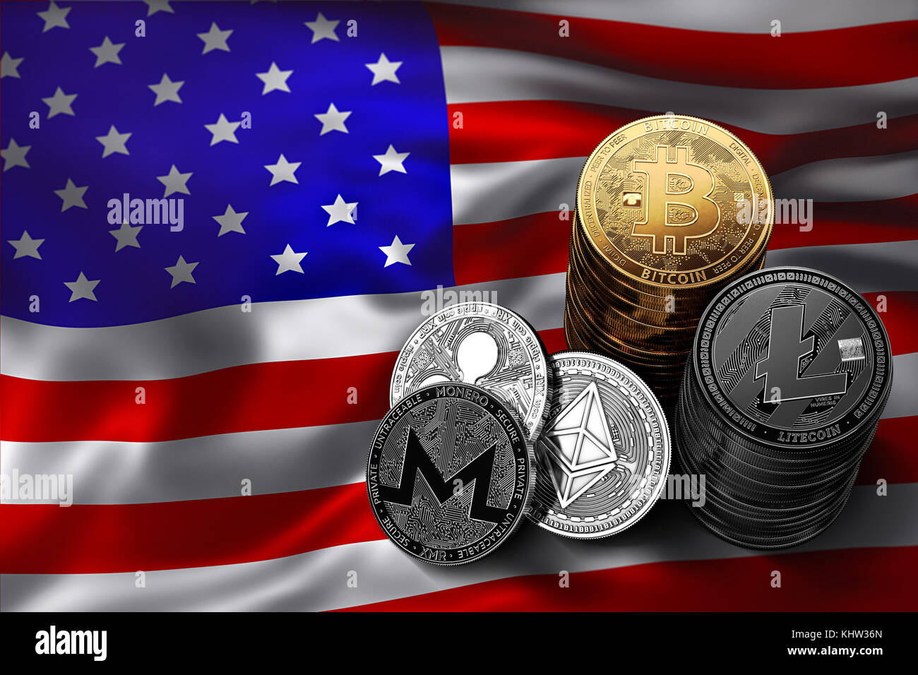 Stack of Bitcoin coins on USA flag. Situation of Bitcoin and other  cryptocurrencies in USA concept. 3D Rendering Stock Photo - Alamy