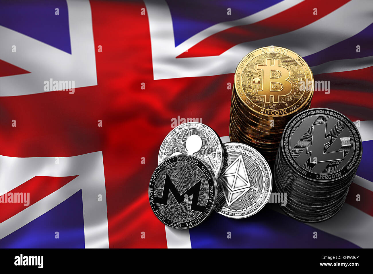 Stack of Bitcoin coins on UK flag. Situation of Bitcoin and other  cryptocurrencies in UK concept. 3D Rendering Stock Photo - Alamy
