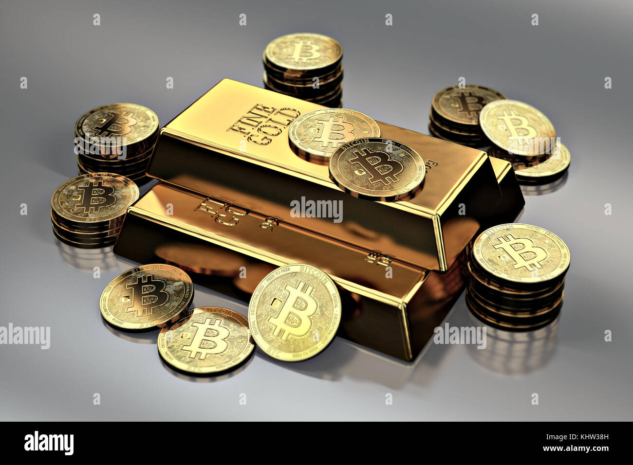 Stack of Golden Bitcoins around gold bar (bullion bar). Bitcoin as a future  gold (most precious commodity in the world). 3D rendering Stock Photo -  Alamy
