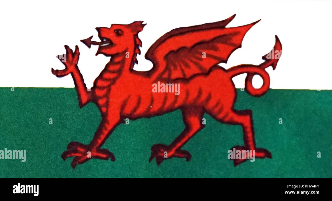 Illustration depicting the flag of Wales (Baner Cymru or Y Ddraig Goch) which consists of a red dragon passant on a green and white field. Dated 20th Century Stock Photo