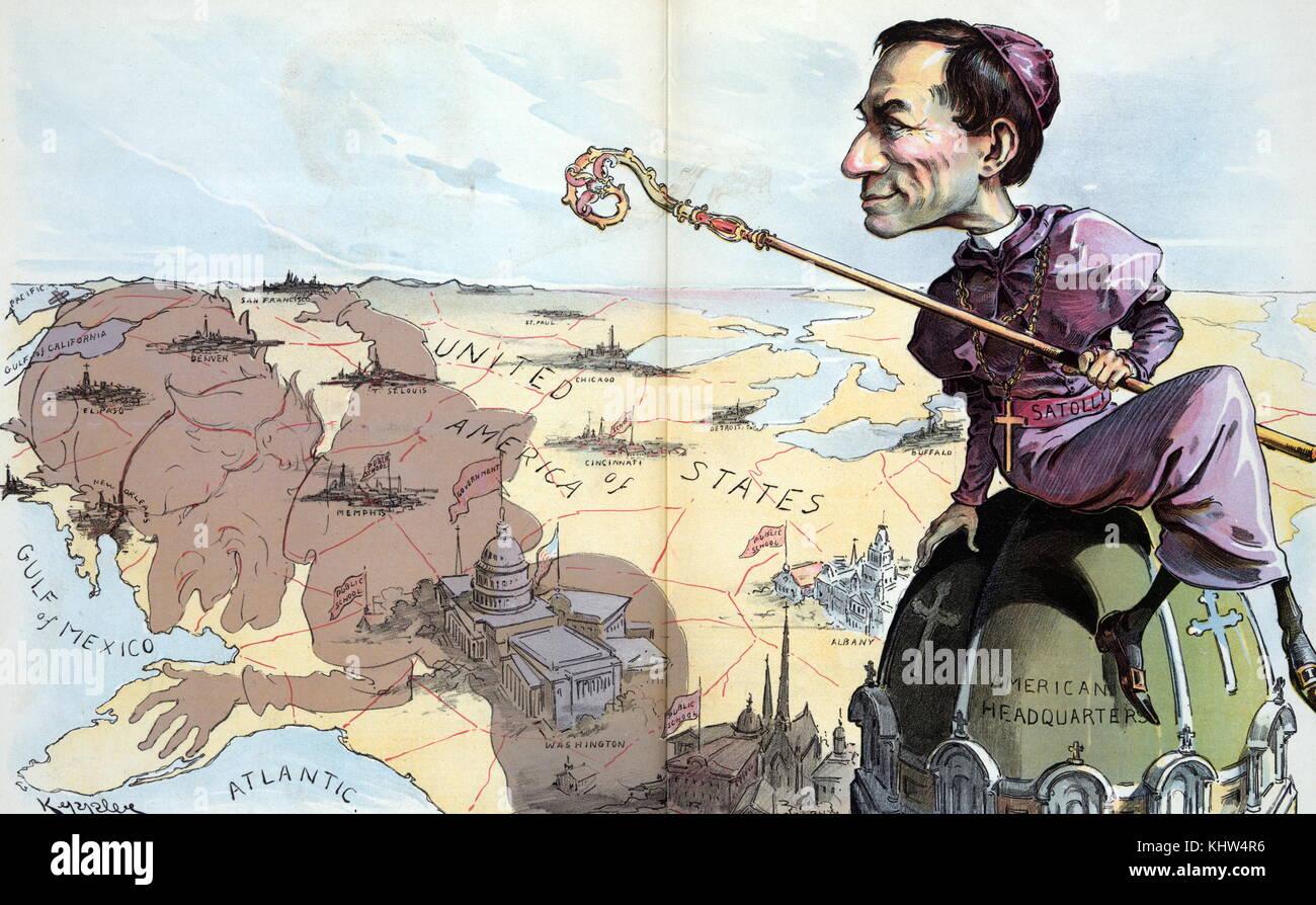 Illustration titled 'The American Pope' depicting Cardinal 'Statolli' holding a crosier, sitting atop an enormous dome ladled 'American Headquarters' and casting a large shadow in the shape of Pope Leo XIII across the landscape of the United States Several cities, some with buildings labelled 'Public Schools' are encompassed by the shadow of the Pope, including New York City, the U.S. Capitol building, 'Memphis, New Orleans, El Paso, Denver, [and] San Francisco'. Illustrated by Udo Keppler (1872-1956) an American political cartoonist, publisher, and Native American advocate. Dated 19th Century Stock Photo