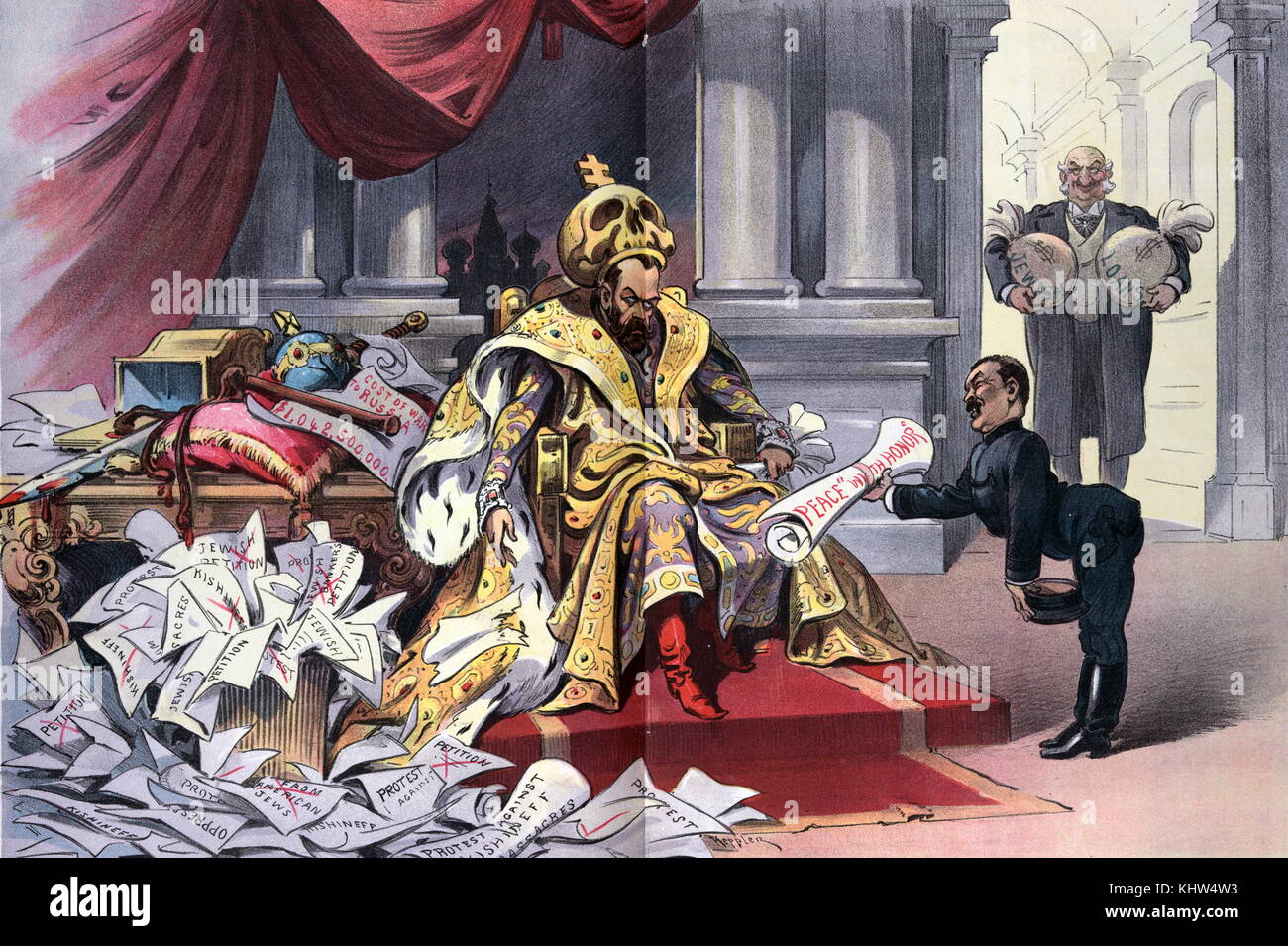Illustration titled 'Kishineff must be paid for - with interest'. The illustration depicts Tsar Nicholas II of Russia (1868-1918) sitting on a throne, wearing a large skull topped with a cross as a crown; a Japanese man is offering him papers labelled 'Peace ' with Honour' ' and a Jewish man, holding bags labelled 'Jewish Loans' is standing in a palace doorway in the background. There is an overflowing basket of papers labelled 'Jewish Petition [and] Protest against Kishineff Massacres' piling up on the floor. A paper on a desk states 'Cost of War to Russia $1,042,500,000'. Stock Photo