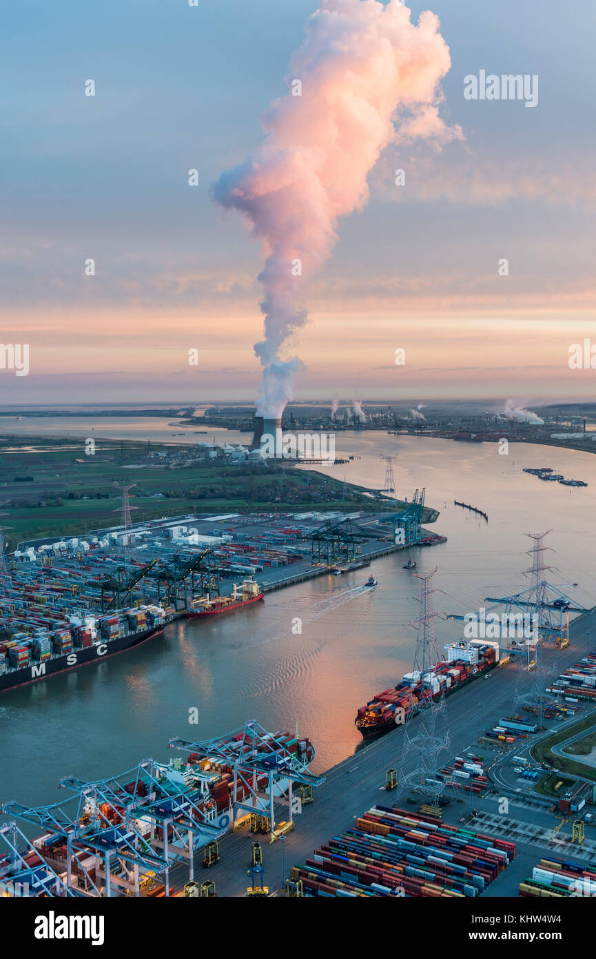 Aerial image of sunrise at nuclear power plant of Doel, Engie Electrabel at Port of Antwerp