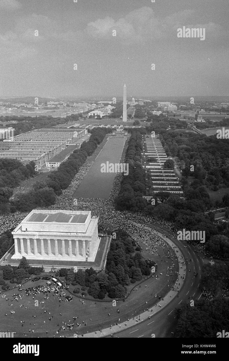 Photograph taken during the March on Washington in 1963. Visible is the Lincoln Monument and the Washington Monument. Dated 20th Century Stock Photo