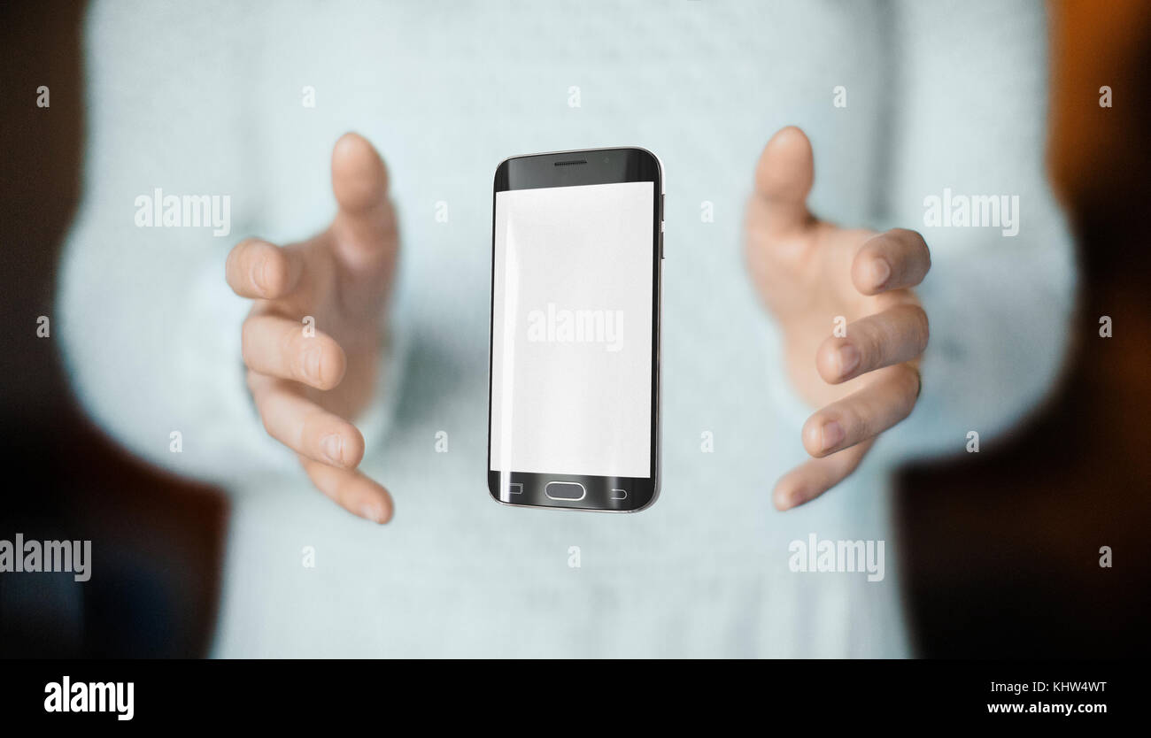 Smartphone on hands, connection, web Stock Photo