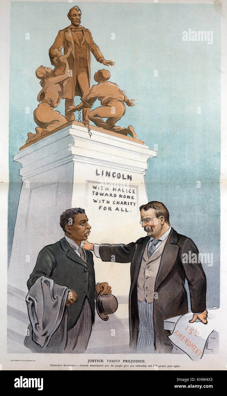 Illustration titled 'Justice versus Prejudice'. The illustration depicts President Theodore Roosevelt Jr.  (1858-1919), standing with his right hand on the left shoulder of an African-American man, standing to the left, and his left hand on a paper labelled '15th Amendment'; behind them is a statue labelled 'Lincoln - With Malice Toward None With Charity Toward all' showing Abraham Lincoln standing at the top with freed African American slaves. Illustrated by Udo Keppler (1872-1956) an American political cartoonist, publisher, and Native American advocate. Dated 20th Century Stock Photo