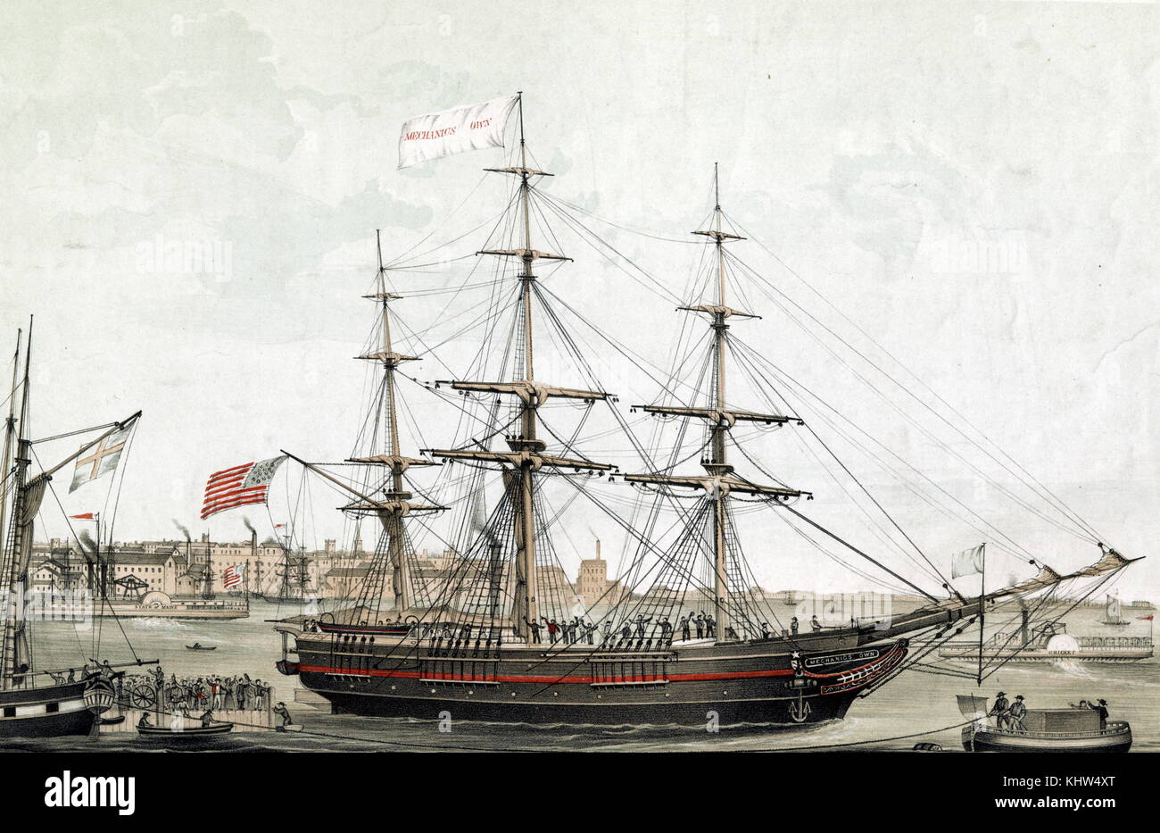 Colour print depicting the ship 'Mechanics' Own', built for the mechanics' mining association. Dated 19th Century Stock Photo