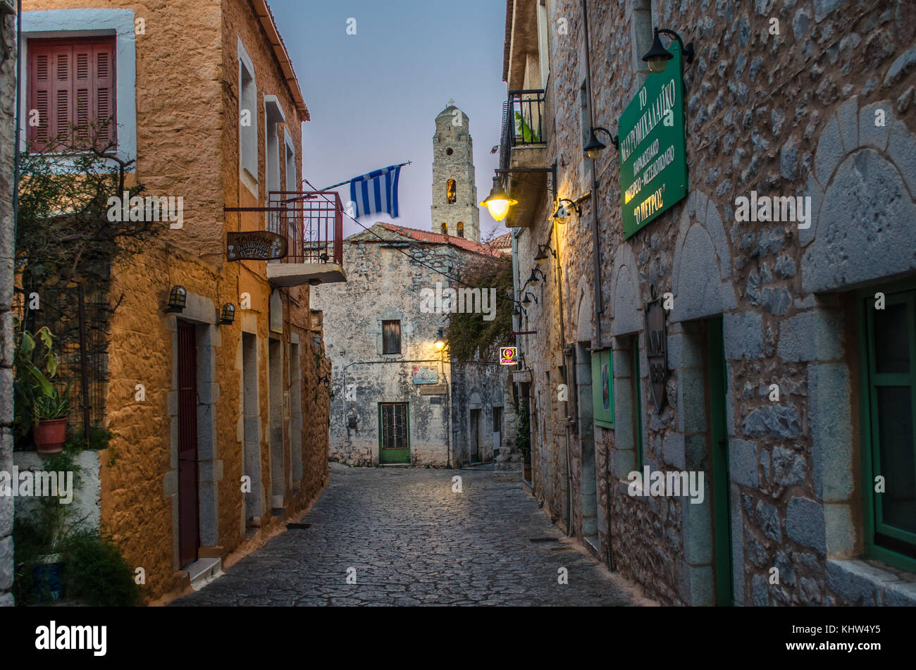 Areopoli Laconia-The traditional village of Mani with the picturesque  alleys and the stone built tower houses.Peloponnese Stock Photo - Alamy