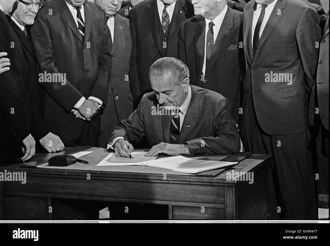 Photograph of President Lyndon B. Johnson signing the 1968 Civil Rights Bill. Lyndon B. Johnson (1908-1973) an American politician and 36th President of the United States. Dated 20th Century Stock Photo