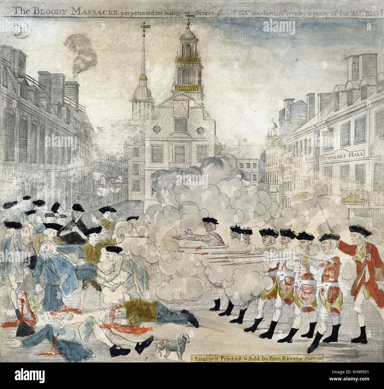 Engraving with watercolour depicting a sensationalised portrayal of the skirmish, later to become know as the Boston Massacre', between British soldiers and citizens of Boston on March 5, 17770. On the right is a group of seven uniformed soldiers, on the signal of an officer, fire into a crowd of civilians on the left. Three of the latter lie bleeding on the ground. Two other casualties have been lifted by the crowd. In the foreground is a dog; in the background are a row of houses, the First Church, and the Town House. Behind the British troops is another row of buildings. Stock Photo