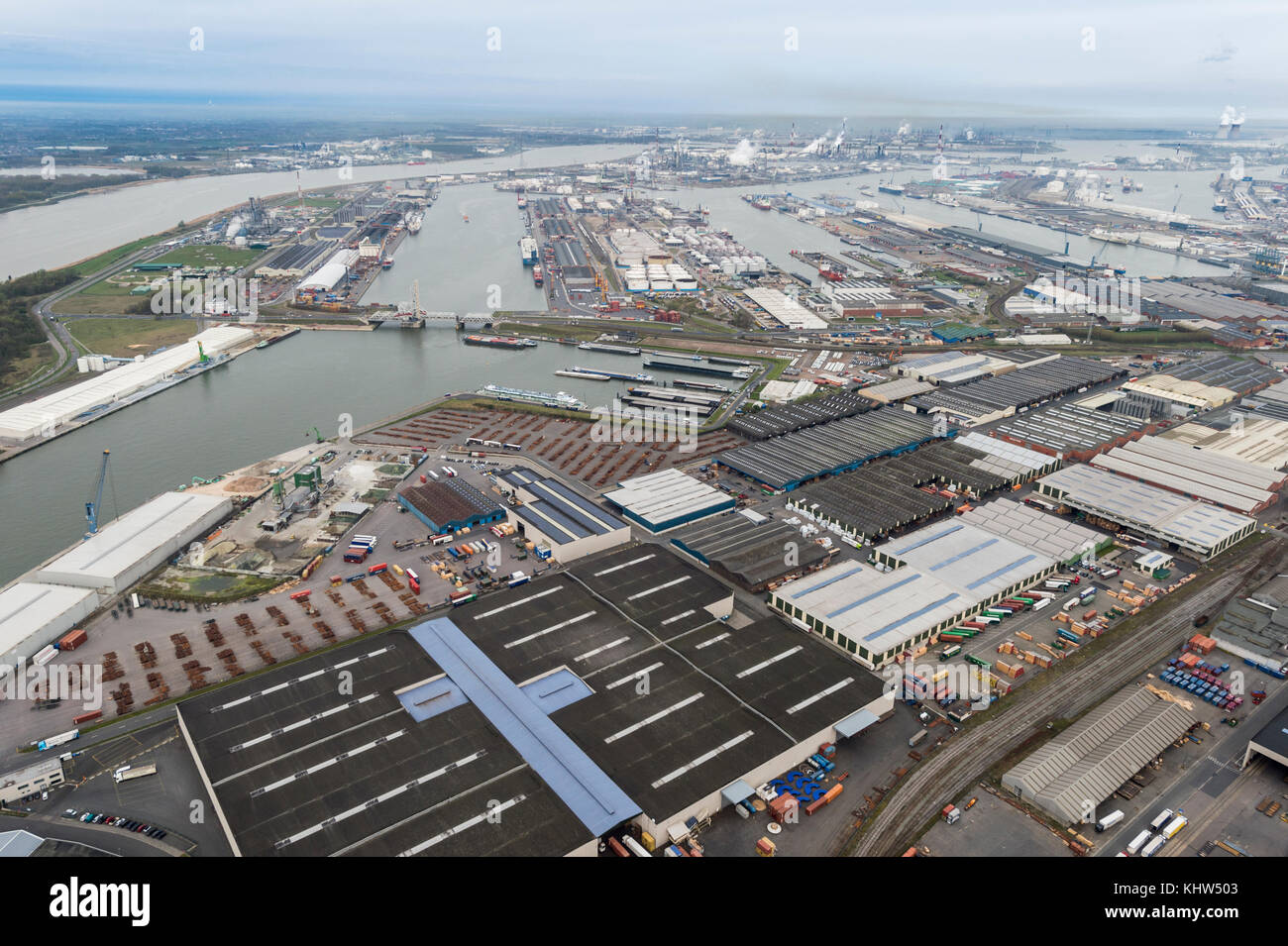 Aerial image at Port of Antwerp with a view on Vijfde Havendonk Stock Photo
