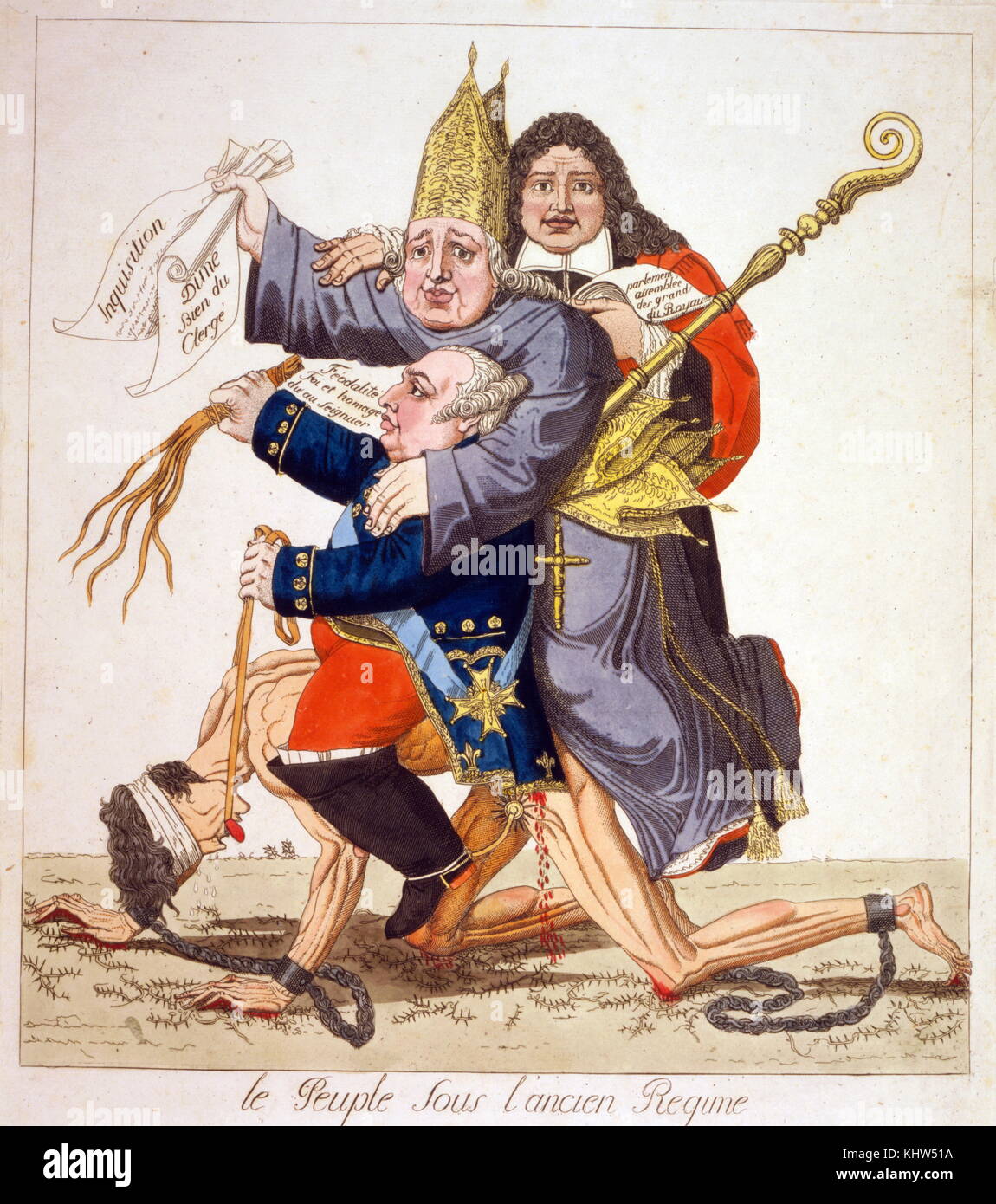 Cartoon titled 'Le peuple sous l'ancien Regime'. The cartoon depicting King Louis XVI, a bishop and a member of the aristocracy riding on the back of a man, representing the people, who's blindfolded and in chains, forced to crawl on his hands and knees. Dated 19th Century Stock Photo