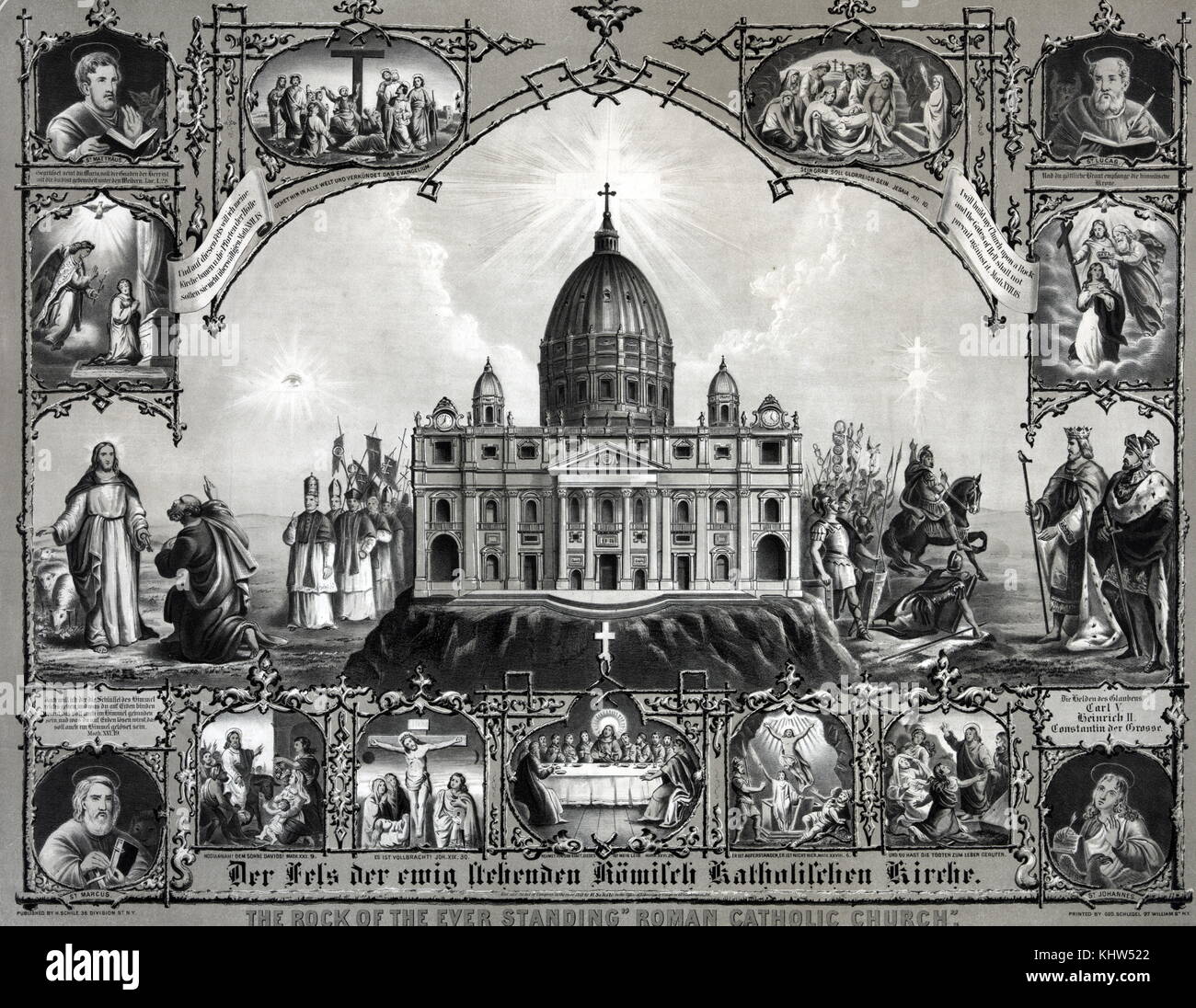 Engraving depicting St. Peter's Basilica with knights of crusades on the right and the Pope and bishops on the left. Surrounding this scene are vignettes showing biblical events, with saints at the corners. Dated 19th Century Stock Photo