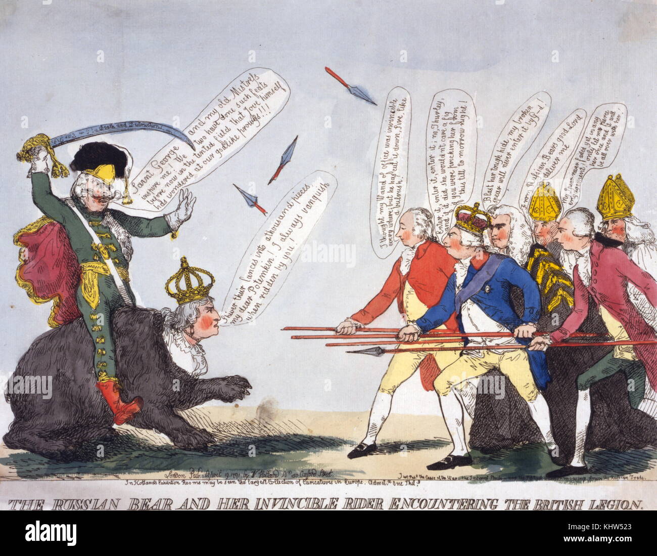 Cartoon titled 'The Russian Bear and Her Incredible Rider Encountering the British Legion' by W. Holland. The cartoon depicts Grigory Potemkin (1739-1791) with a sword raised overhead and wearing a hussar's uniform, whilst riding Catherine the Great (1729-1796) who is dressed like a black bear. They approach King George III (1738-1820) and his minister: William Pitt the Younger (1759-1806) James Cecil, 1st Marquess of Salisbury (748-1823) and Edward Thurlow, 1st Baron Thurlow (1731-1806), who are carrying spears, three of which have had their points broken off; behind them stand two bishops. Stock Photo
