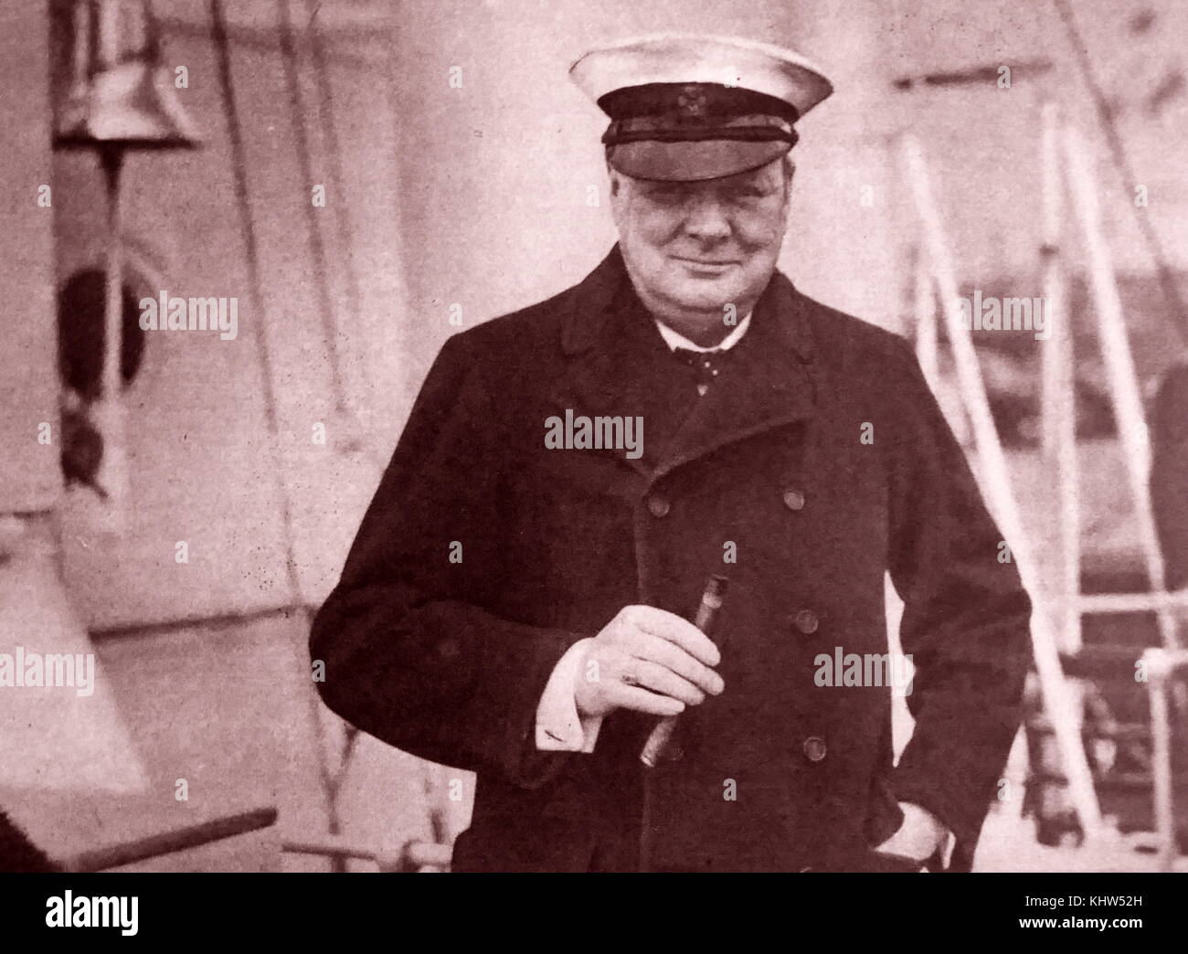 Photograph of Winston Churchill on board H.M.S. 'Enchantress'. Sir Winston Leonard Spencer-Churchill (1874-1965) a British politician and Prime Minister of the United Kingdom. Dated 20th Century Stock Photo