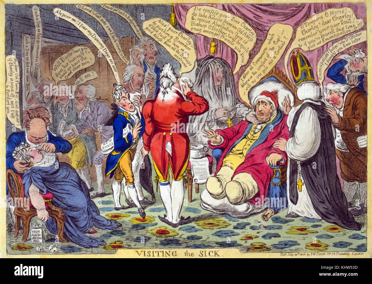 Illustration depicting Charles James Fox (1749-1806) sitting in an armchair, obviously ill. On one side of him is Mrs Fitzherbert, dressed as an abbess and holding a rosary; on the other side is a bishop in robes and mitre. In front of Fox, the Prince of Wales holds his handkerchief to his face. Sheridan, standing behind the bishop, admonishes the bishop to understand that Catholic emancipation is not possible. Howick, Petty, Windham and Moria are all distressed; Grenville and Sidmouth are leaving the room hoping Fox will expire. Mrs Fox faints in a chair and is attended by Lord Derby. Stock Photo