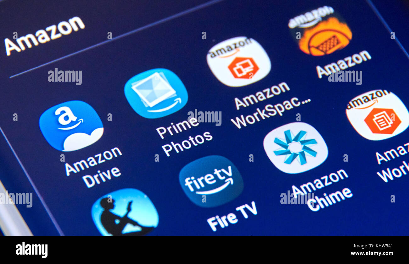 MONTREAL, CANADA - NOVEMBER 12, 2017: Amazon different Android applications icons on Samsung S8 screen. Amazon.com, Inc., is an American electronic co Stock Photo