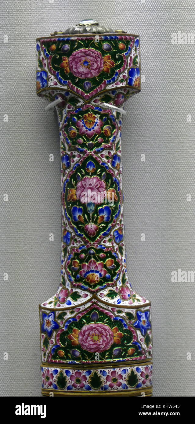 Large dagger known as a Khanjar, made from Damascus Steel with an enamel hilt and scabbard. From Qajar, Iran. Dated 19th Century Stock Photo