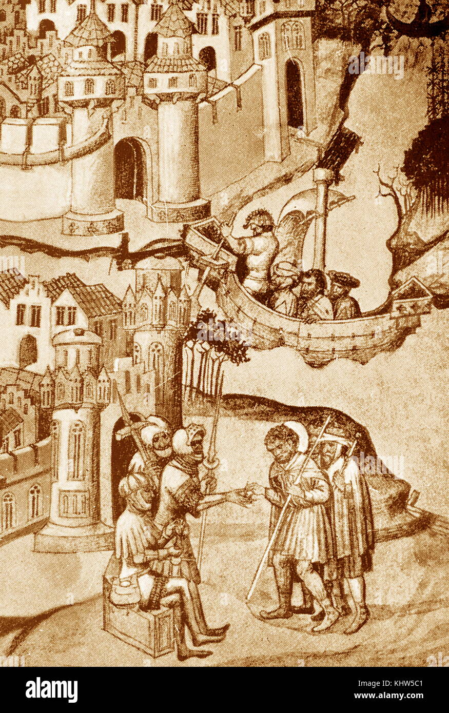 Engraving depicting Pilgrims setting out from Europe (above); and paying a toll on landing in Palestine (bellow). Dated 15th Century Stock Photo