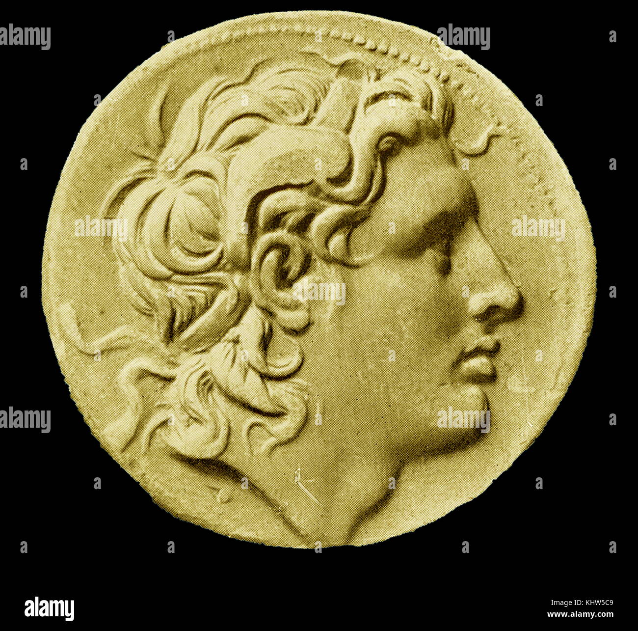 Portrait of Alexander the Great as 'Lord of the Two Horns'. Alexander III of Macedon (356 BC - 323 BC) a King of the Ancient Greek kingdom of Macedon and a member of the Agread dynasty. Dated 4th Century BC Stock Photo