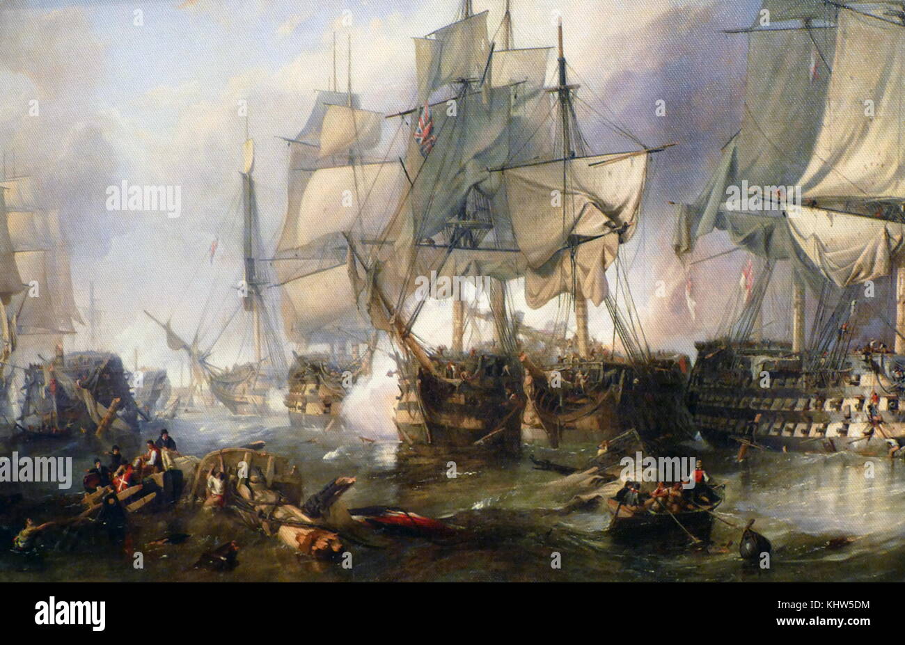 Painting titled 'The Battle of Trafalgar in 1805' by Clarkson Frederick Stanfield (1793-1867) an English marine painter. Dated 19th Century Stock Photo