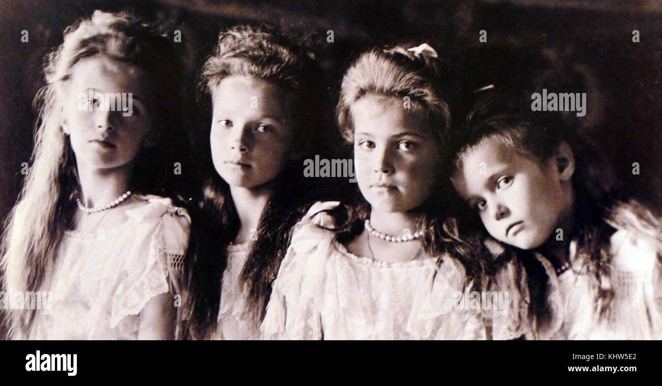 Photographic portrait of the Romanov Grand Duchesses (from left) Grand Duchess Olga Nikolaevna of Russia (1895-1918), Grand Duchess Tatiana Nikolaevna of Russia (1897-1918), Grand Duchess Maria Nikolaevna of Russia (1899-1918) and Grand Duchess Anastasia Nikolaevna of Russia (1901-1918). Dated 20th Century Stock Photo