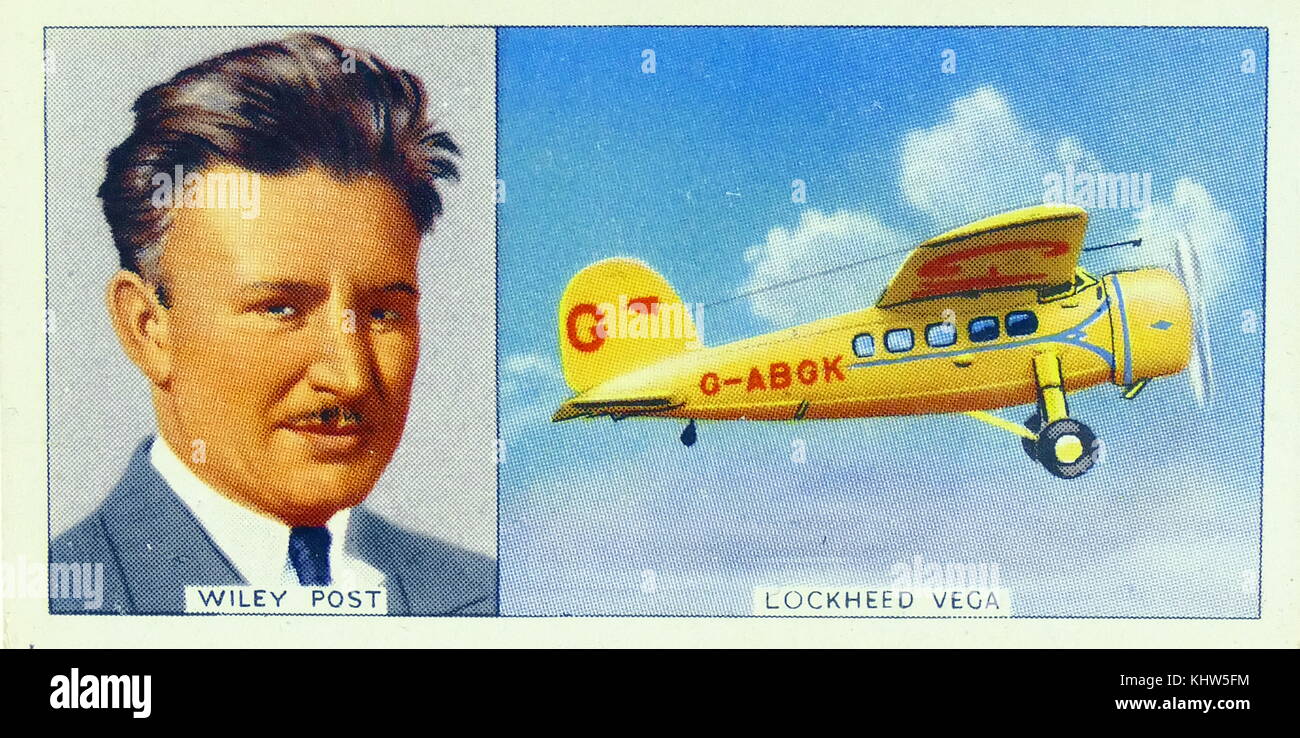 Illustration depicting Wiley Post and his plane Lockheed Vega. Wiley Post (1898-1935) an American aviator during the interwar period, the first pilot to fly solo around the world. Dated 20th Century Stock Photo