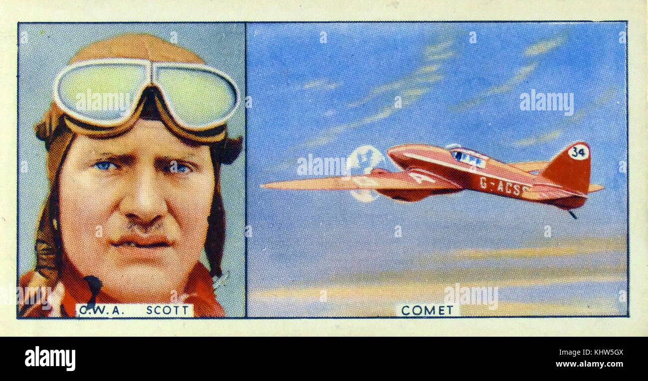 Illustration depicting C. W. A. Scott and his plane Comet. Flight Lieutenant Charles William Anderson Scott (1903-1946) an English aviator, best known for winning the 1934 MacRobertson Air Race. Dated 20th Century Stock Photo