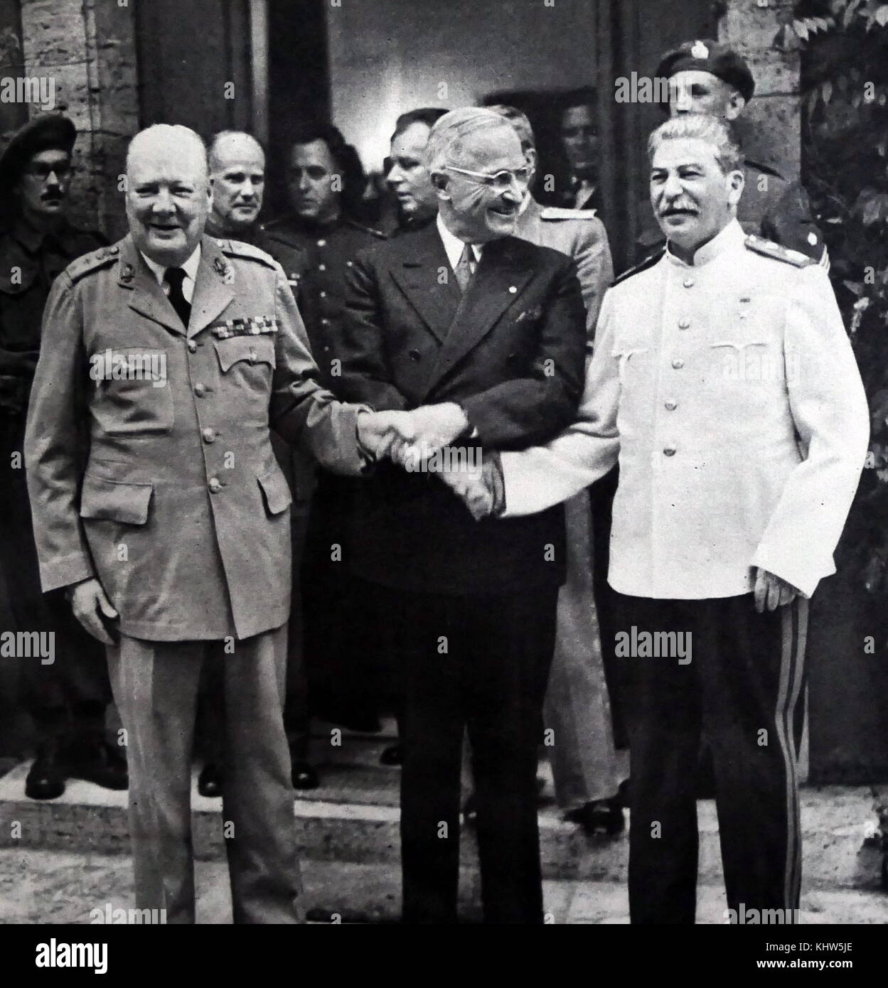 Photograph of President Harry S. Truman, Sir Winston Churchill and Joseph Stalin shaking hands during the Potsdam Conference. Sir Winston Leonard Spencer-Churchill (1874-1965) a British politician and Prime Minister of the United Kingdom. Harry S. Truman (1884-1972) the 33rd President of the United States. Joseph Stalin (1878-1953) a Soviet revolutionary, political leader, and Premier of the Soviet Union. Dated 20th Century Stock Photo