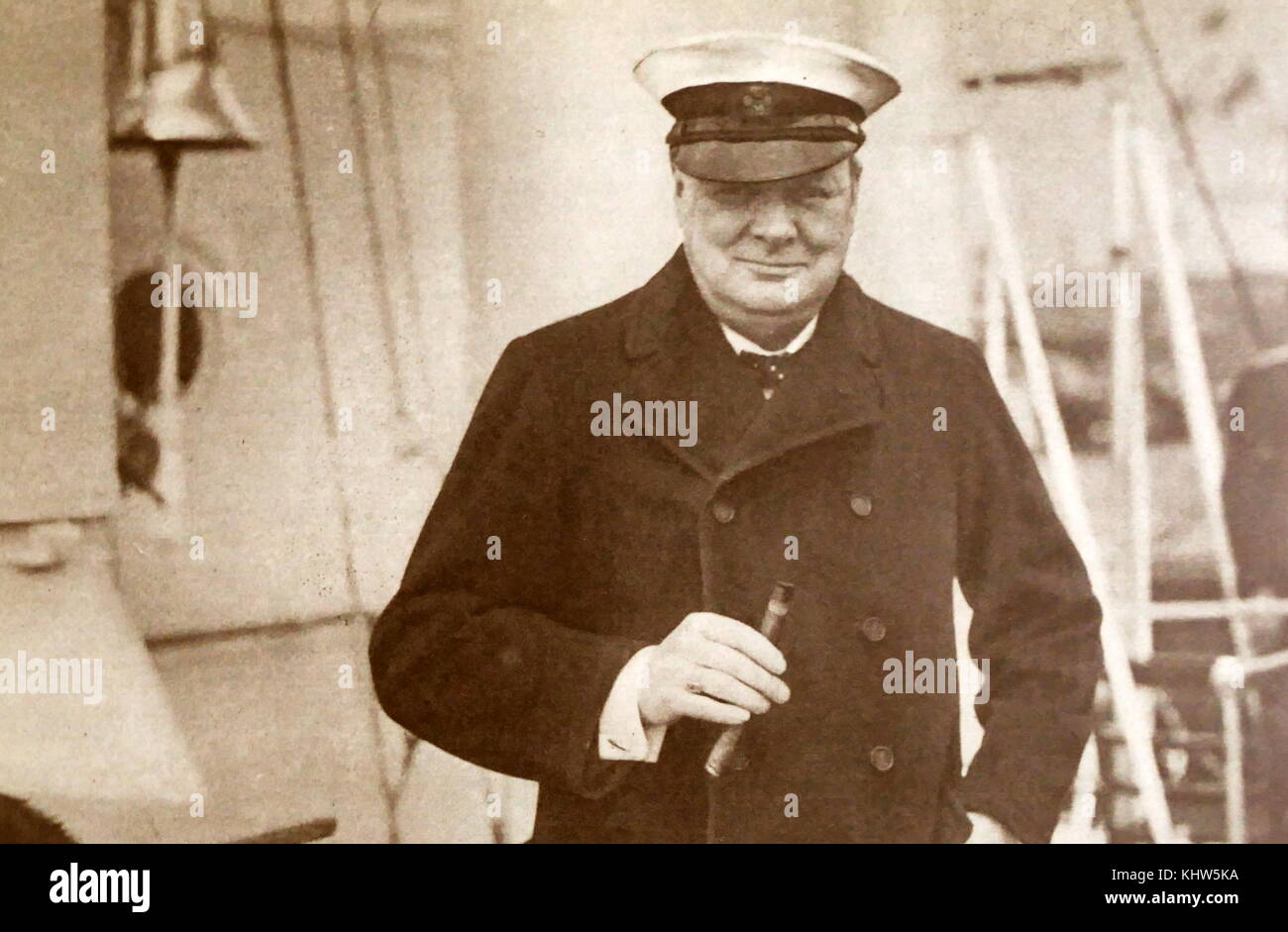 Photograph of Winston Churchill on board H.M.S. 'Enchantress'. Sir Winston Leonard Spencer-Churchill (1874-1965) a British politician and Prime Minister of the United Kingdom. Dated 20th Century Stock Photo