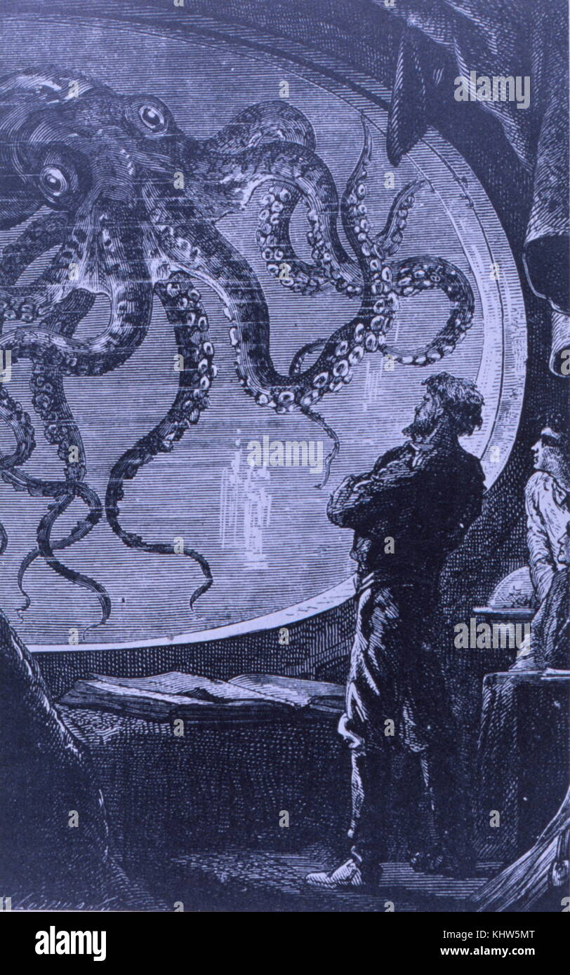 Illustration from '20'000 Leagues Under the Sea: The Original Classic' by Jules Verne. The illustration depicts Captain Nemo - Prince Dakkar- observing a giant octopus from the viewing port of the submarine 'Nautilus'. Jules Verne (1828-1905) a French novelist, poet, and playwright. Dated 19th Century Stock Photo