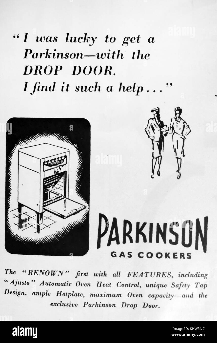 Advertisement for the Parkinson Gas Cooker 'Renown', featuring an 'Ajusto' Automatic Oven Heat Control, a unique Safety Tap Design, ample Hotplate, maximum Oven capacity-and the exclusive Parkinson Drop Door. Dated 20th Century Stock Photo
