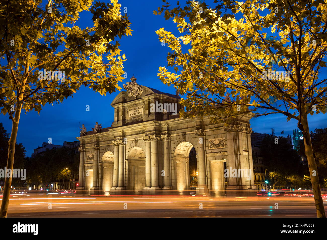 Puerta de Alcala illuminated at night, Madrid, Spain Stock Photo