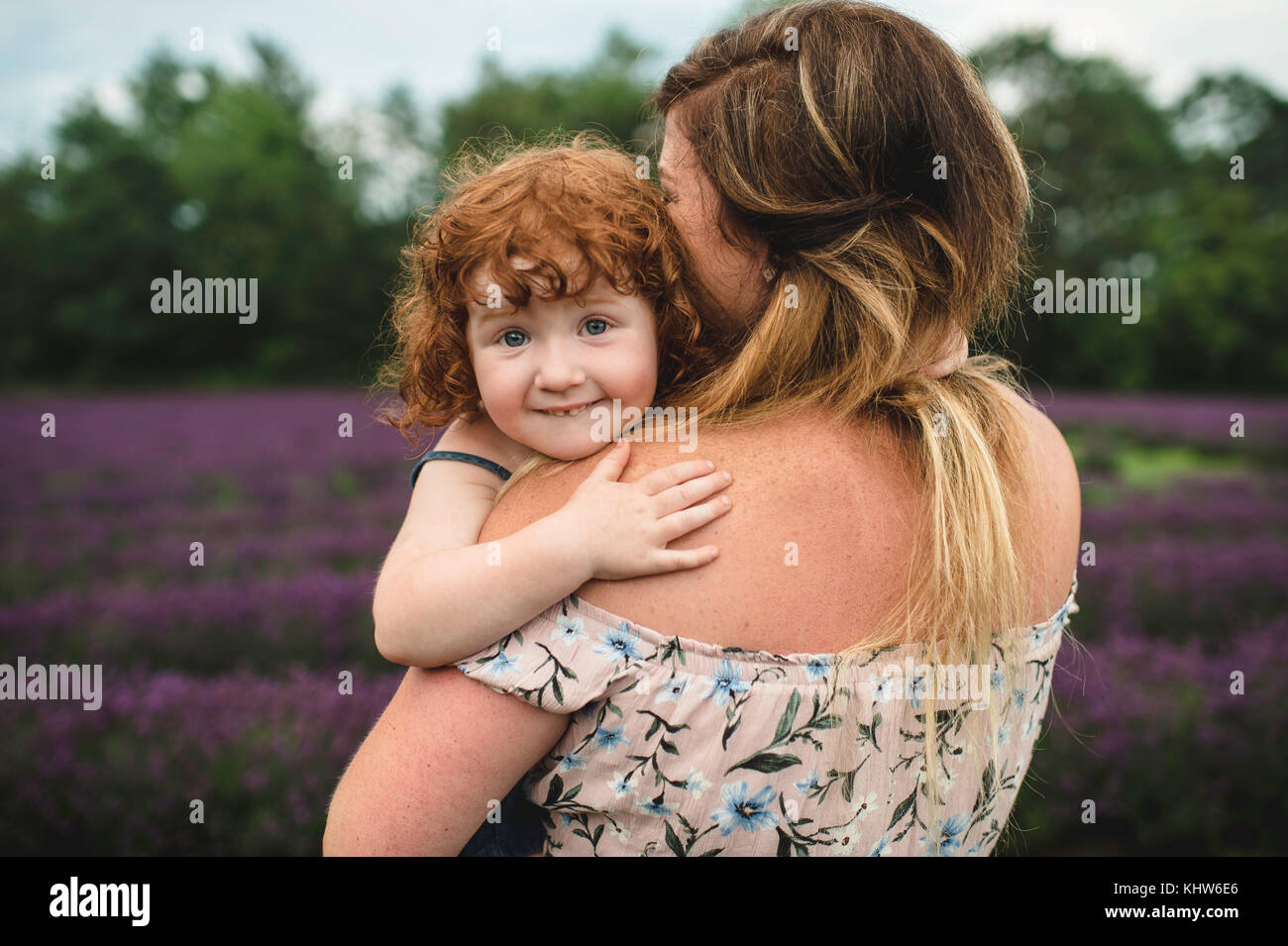 Mother and daughter in lavender field, Campbellcroft, Canada Stock Photo
