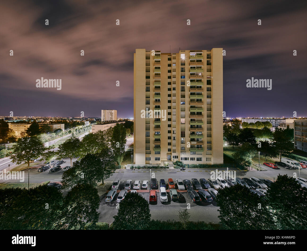 Elevated view of apartment block at night, Dijon, Burgundy, France Stock Photo
