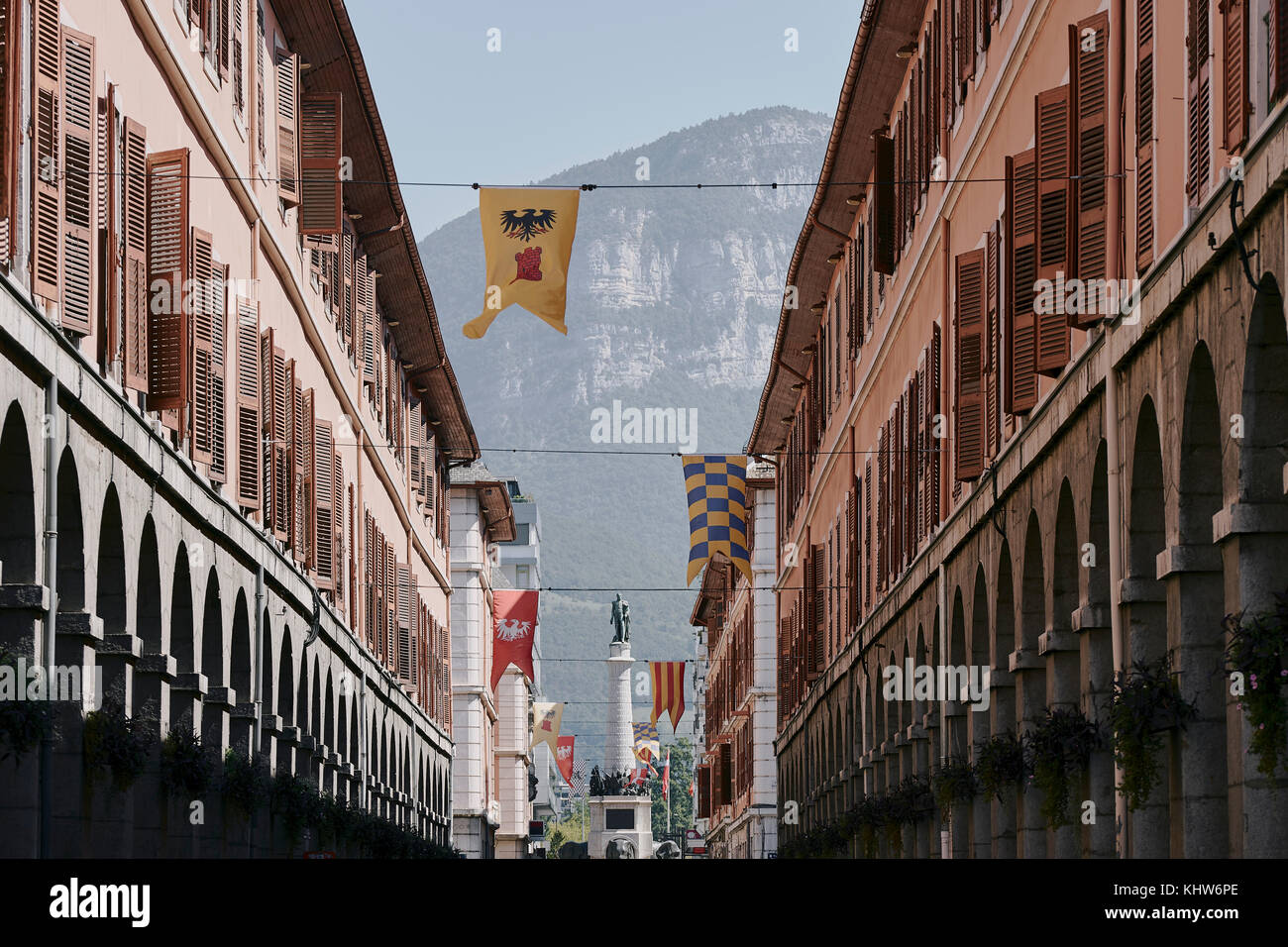 Traditional street with flags, Chambery, Rhone-Alpes, France Stock Photo
