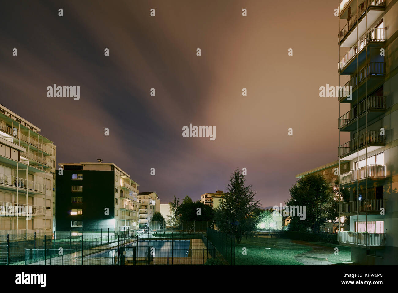 Apartment blocks at night, Chambery, Rhone-Alpes, France Stock Photo
