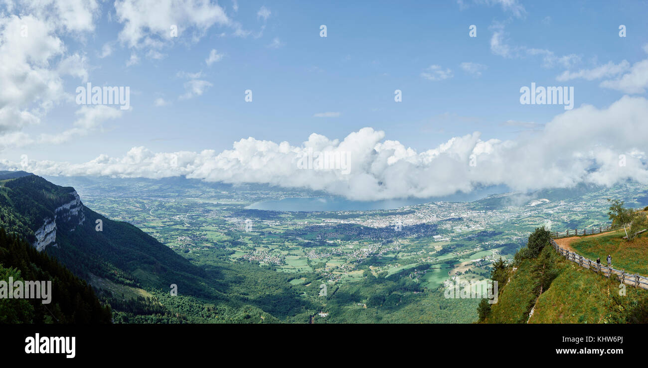 Distant view of Aix les Bains and lake Bourget from top of Mount Revard, French Alps, France Stock Photo