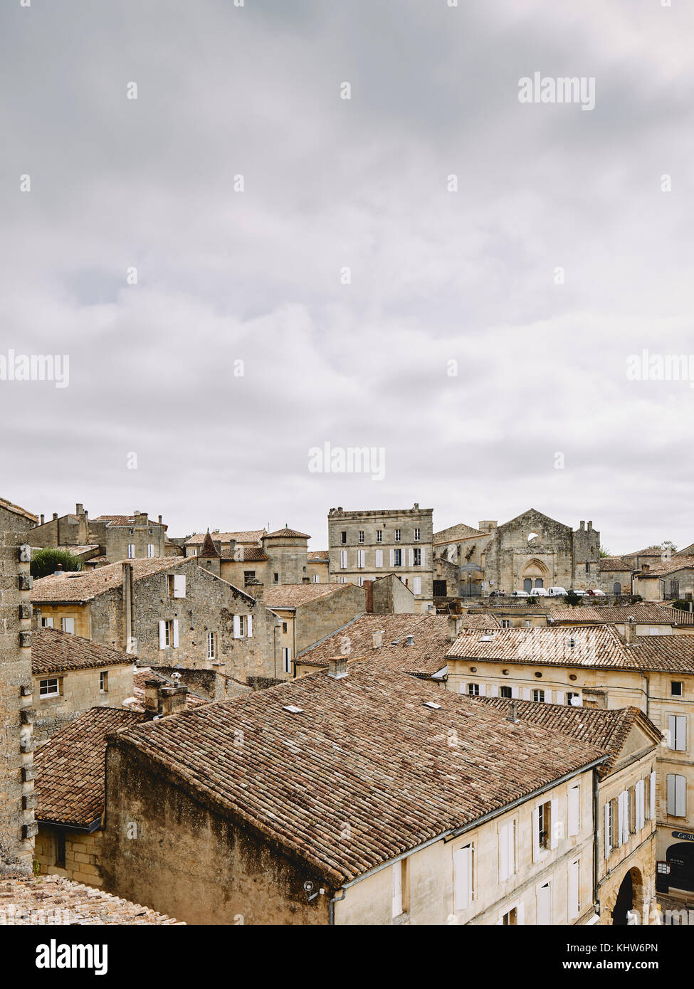 Elevated cityscape with rooftops and medieval buildings, Saint-Emilion, Aquitaine, France Stock Photo