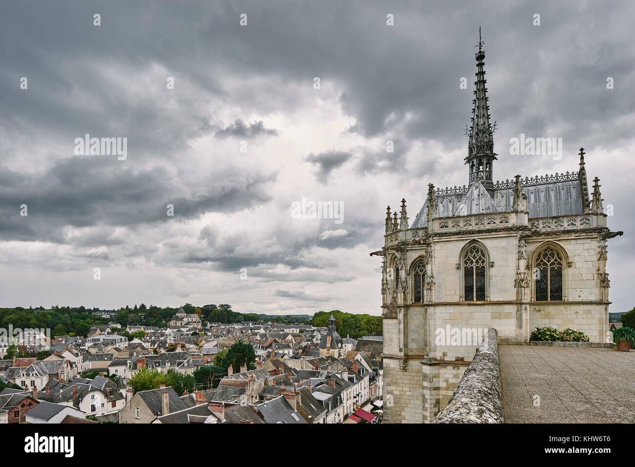 Elevated view of rooftops and Saint Hubert Chapel where Da Vinci is buried, Amboise, Loire Valley, France Stock Photo