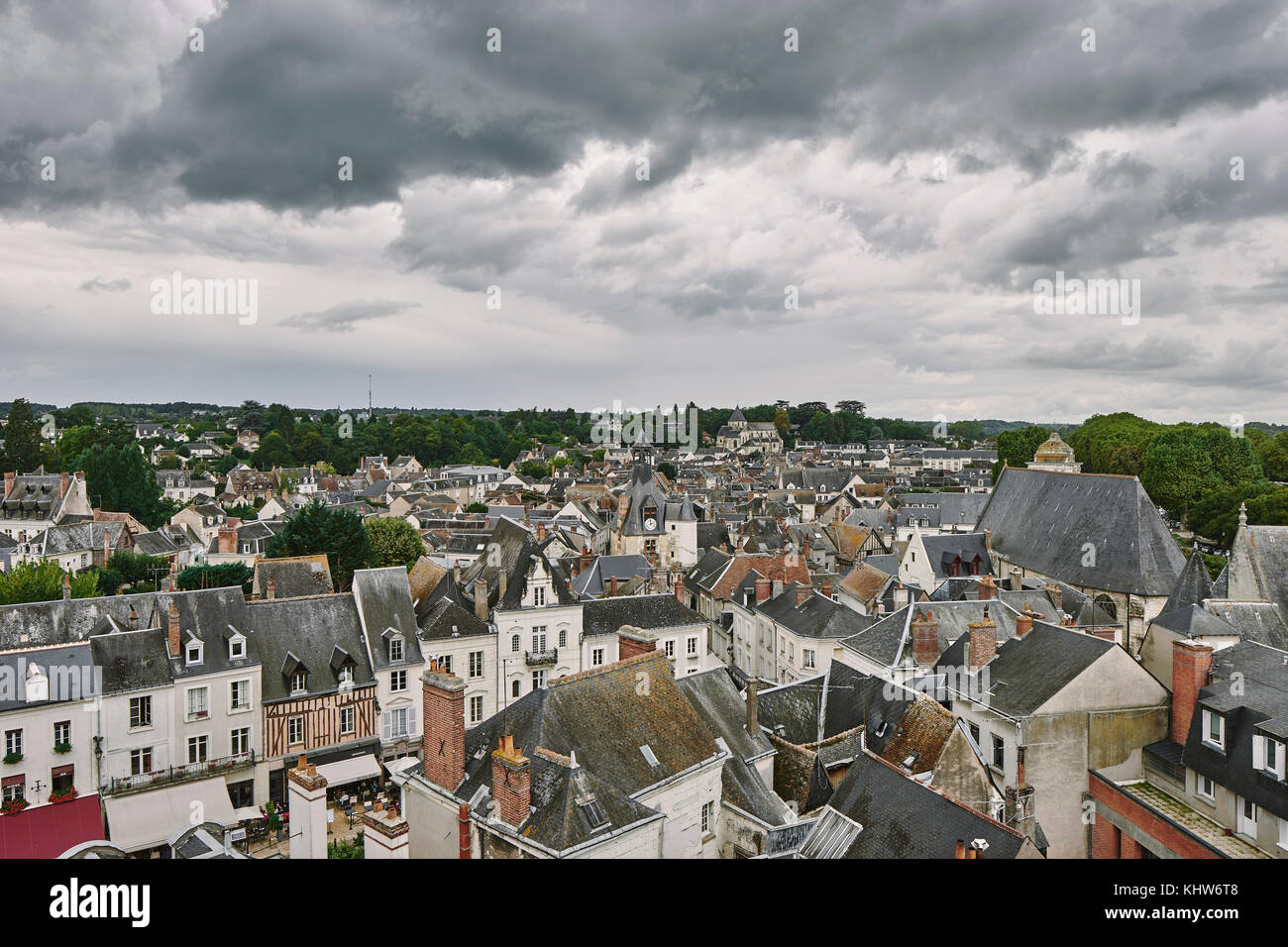 High angle cityscape of traditional townhouses and rooftops, Amboise, Loire Valley, France Stock Photo