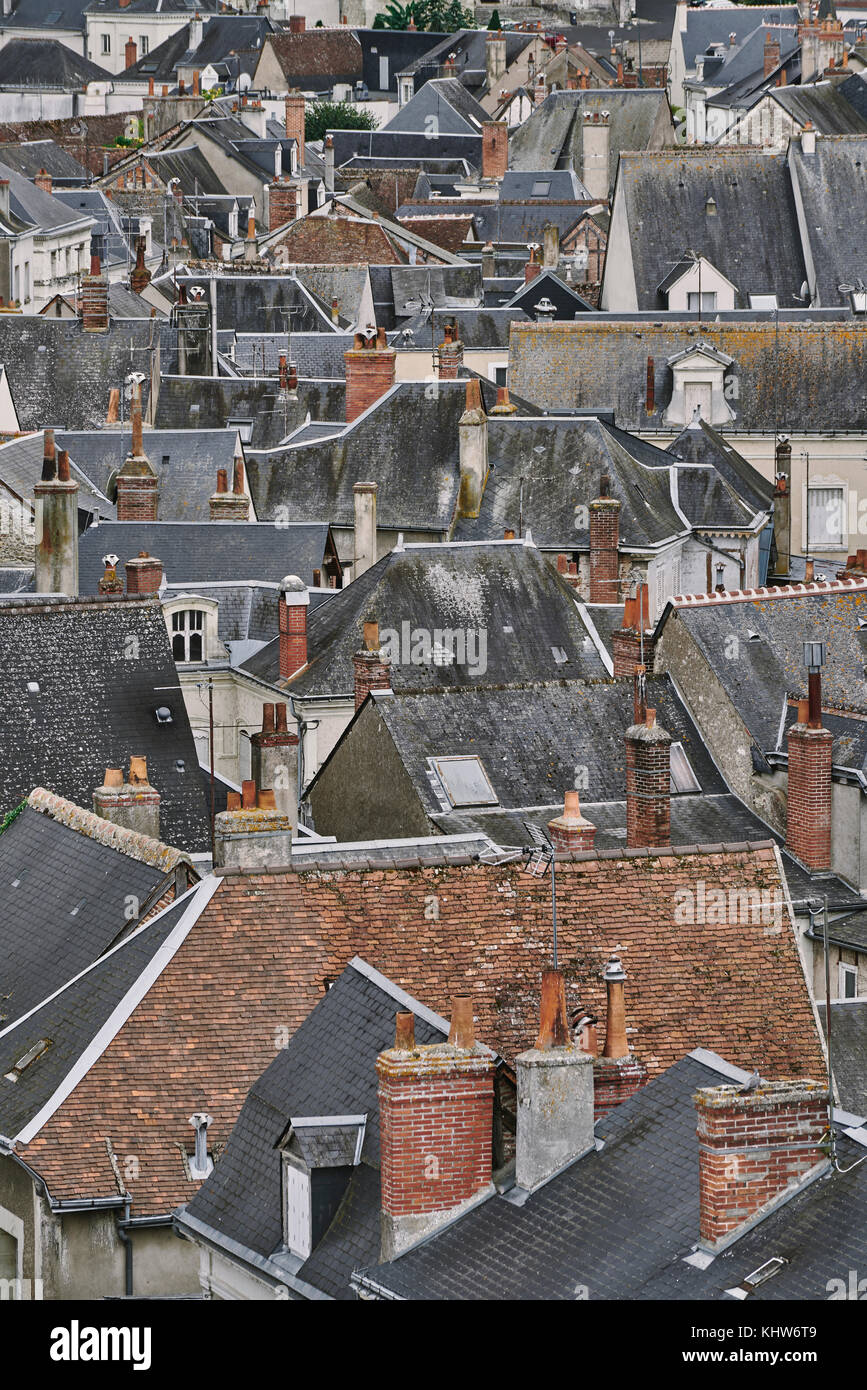 Elevated view of traditional townhouses and rooftops, Amboise, Loire Valley, France Stock Photo