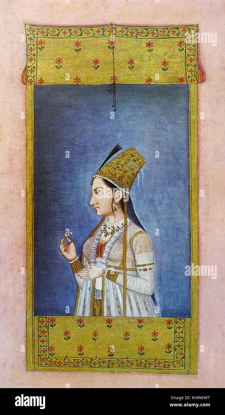 Mughal portrait of a Princess seen at a window holding a jewel. She faces left and is dressed in a transparent robe over a flowered skirt. She is richly bejewelled and wears a tall gold flowered hat with a black aigrette and a transparent veil falling over her shoulders; the window blind above her and the hanging draped over the sill are decorated with flowers on a gold ground, on an album leaf with a border of silver and gilt leaves on a dark blue ground, four lines of nasta'liq calligraphy on the verso on a gold and silver ground. Dated 18th Century Stock Photo
