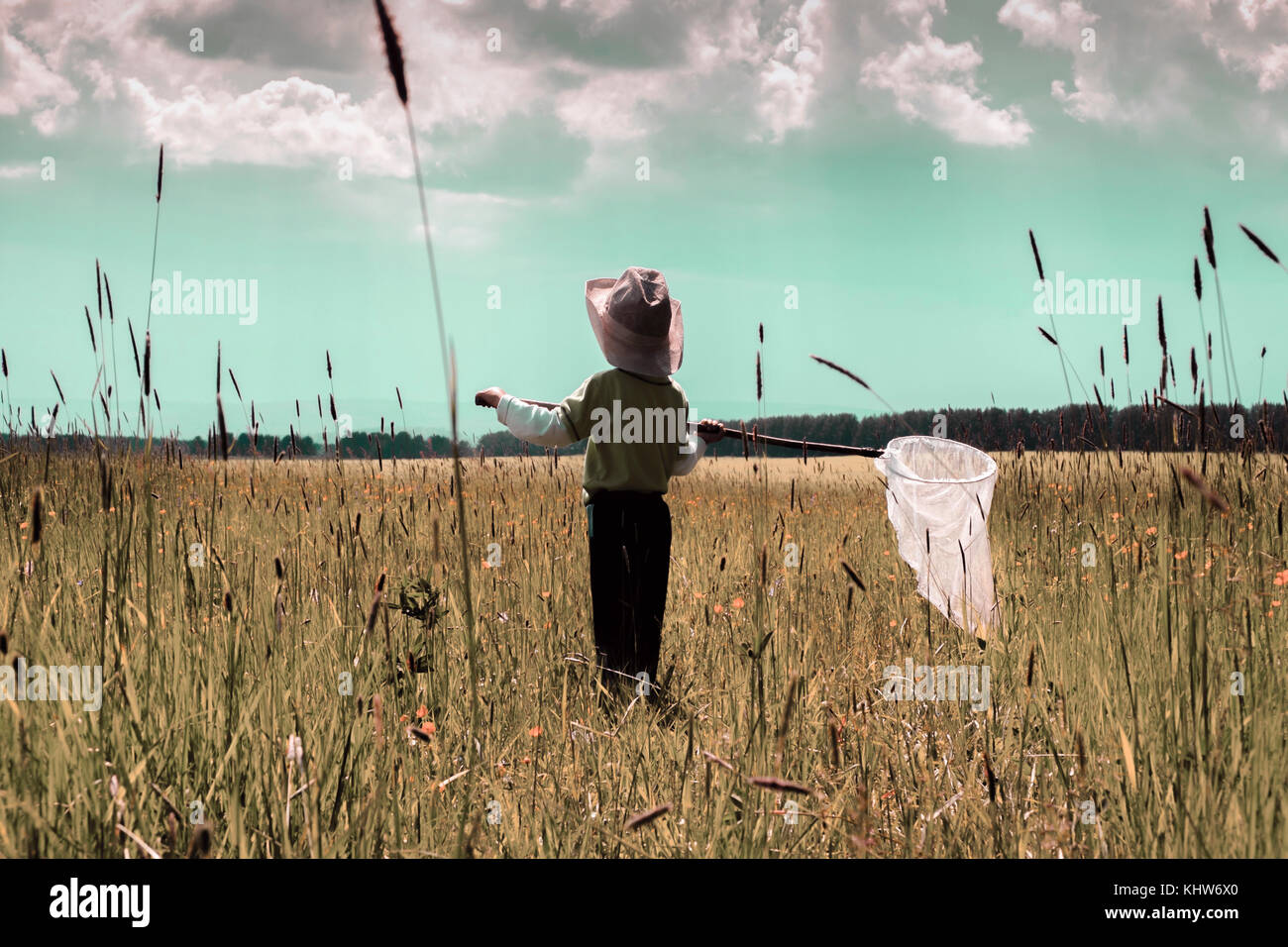 Boy with butterfly net, Ural, Sverdlovsk, Russia Stock Photo