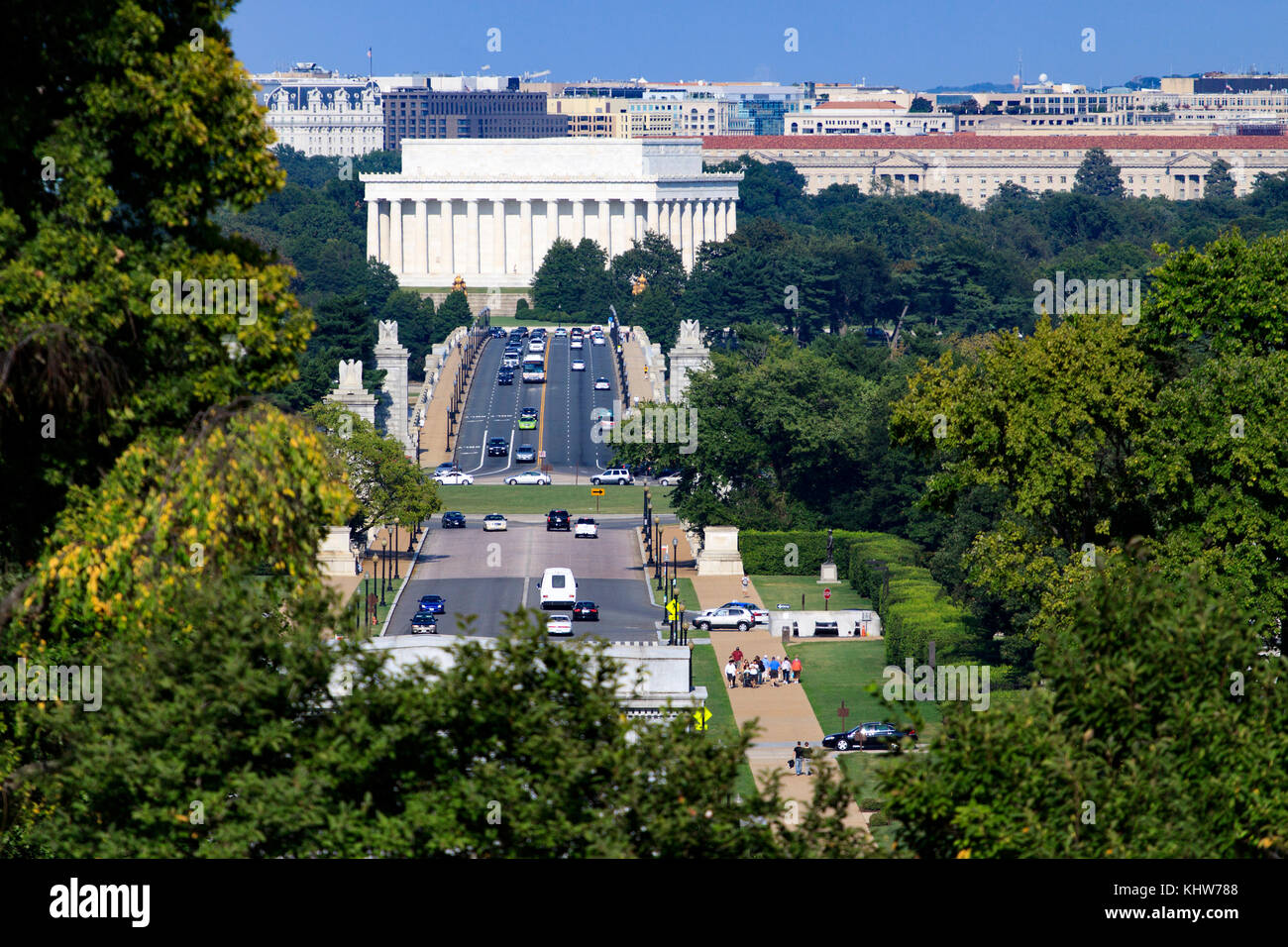 A view across Washington DC from Arlington cemetery, across town towards the side of the Lincoln memorial. the roads are busy with cars and people Stock Photo