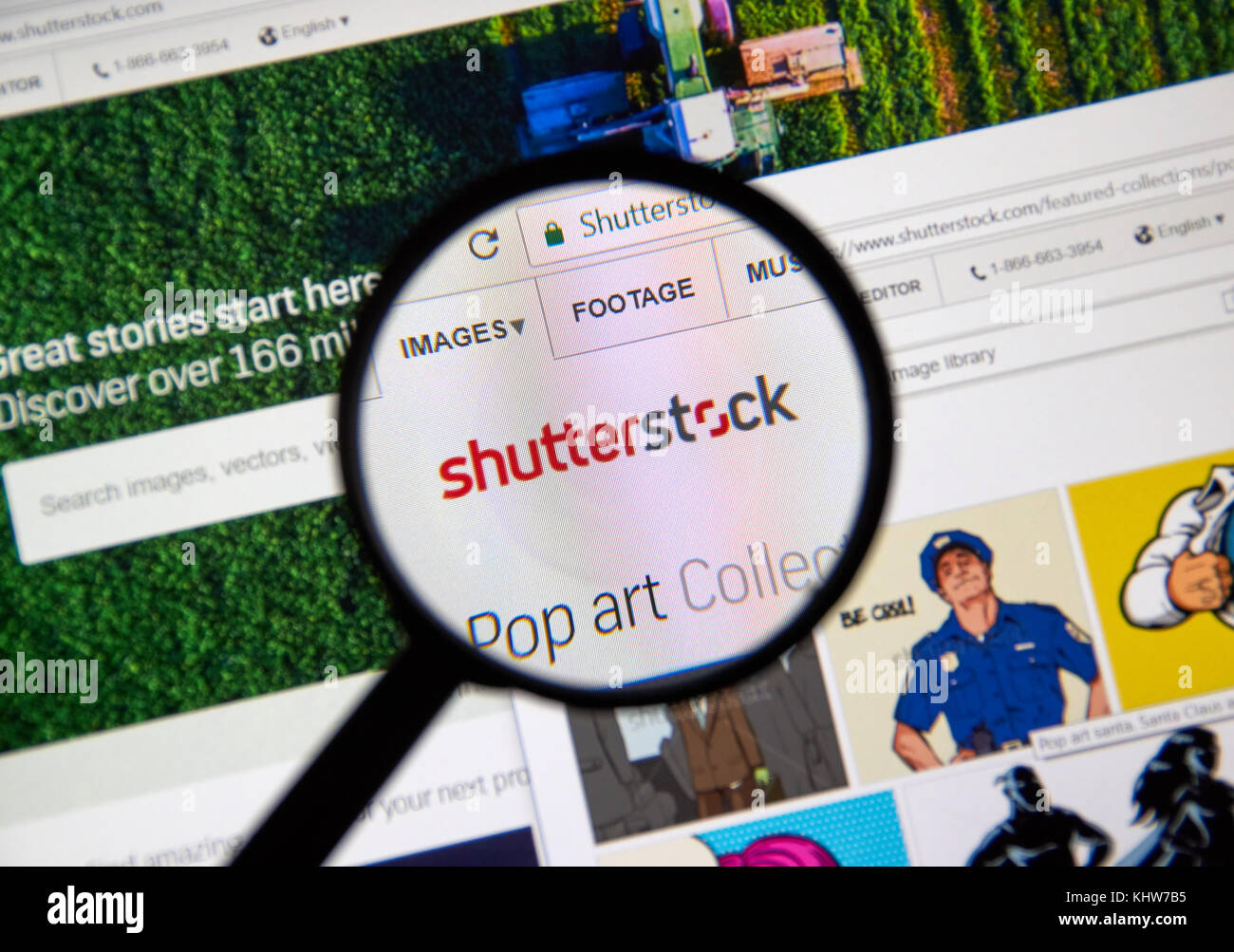 MONTREAL, CANADA - NOVEMBER 7, 2017: Shutterstock homepage and logo under magnifying glass. Shutterstock is an American stock photography, stock foota Stock Photo