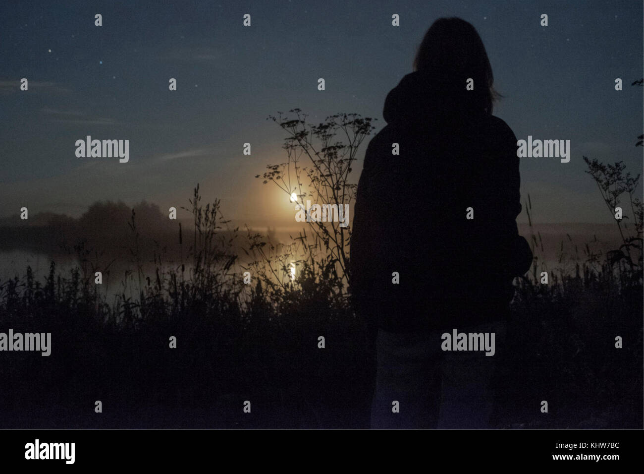 Woman standing beside lake, watching setting sun, rear view, Ural, Sverdlovsk, Russia, Europe Stock Photo