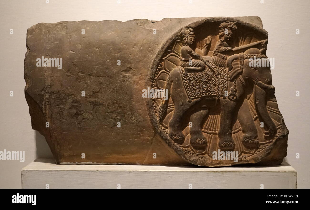 Carved sandstone railing pillar depicting a King on an elephant, from Uttar Pradesh. Dated 2nd Century BCE Stock Photo